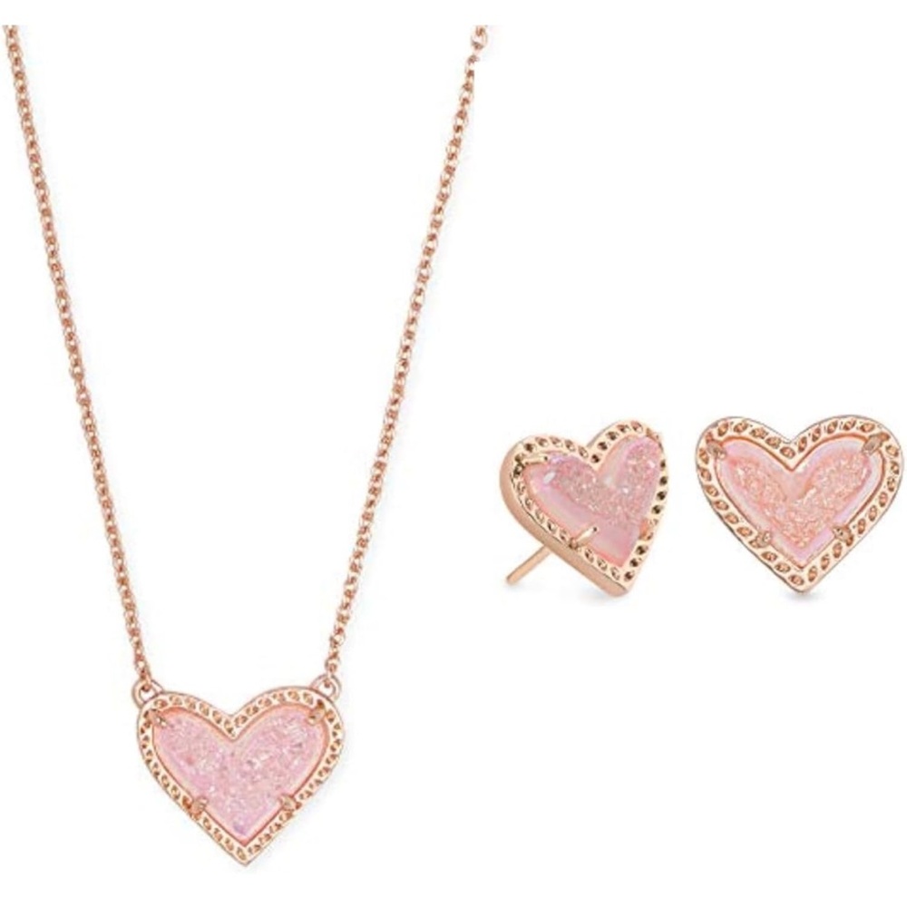 Kendra Scott Ari Heart Necklace and Earrings in Rose Gold/Pink NWOT